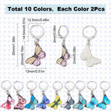 20Pcs 10 Colors Alloy Enamel Butterfly Charms Locking Stitch Markers, 304 Stainless Steel Clasp Stitch Markers, Mixed Color, 3.5cm, 2pcs/color