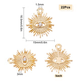 Alloy Pendants, with Crystal Rhinestone, Texured, Sun with Evil Eye, Real 18K Gold Plated, 16.5x15x3mm, Hole: 1.5mm, 22pcs/box