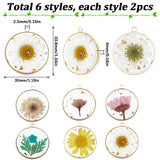 12Pcs 6 Colors Transparent Epoxy Resin Pendants, Flat Round Charms with Inner Flower, with Edge Golden Plated Brass Loops and Gold Foil, Mixed Color, 33.8x30x4mm, Hole: 2.5mm, 2pcs/color