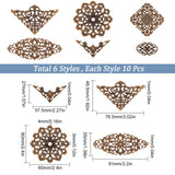 60Pcs 6 Style Iron Filigree Joiners Links, Mixed Shapes, Antique Bronze, 27~60x20~81x0.5~4mm, 10pcs/style