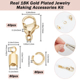 DIY Jewelry Making Finding Kit, Including Brass Folding Crimp Ends, 304 Stainless Steel Lobster Claw Clasps & Jump Rings, Real 18K Gold Plated, 200Pcs/box