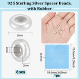 8Pcs 925 Sterling Silver Beads, with Rubber, Slider Stopper Beads, Rondelle, Silver, 5x2mm, Hole: 2mm