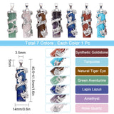 7Pcs 7 Style Natural & Synthetic Gemstone Pendants, with Platinum Alloy Findings, Column with Dragon, 40.5~41.5x14x15mm, Hole: 3.5x5mm, 1pc/style