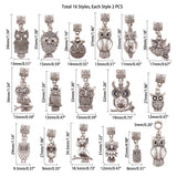 Tibetan Style Alloy European Dangle Charms, Large Hole Pendants, Owl, Antique Silver, 24~37mm, Hole: 5mm, 16pcs/set
