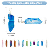 48Pcs 12 Colors Electroplated & Dyed Natural Quartz Crystal Pendants, Silver Color Plated Copper Wire Wrapped Nuggets Charms, Mixed Color, 10~53x2~15x5~13mm, Hole: 3mm, 4pcs/color