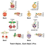 12Pcs 4 Styles Brass Micro Pave Cubic Zirconia Charms, Fruit, Real 18K Gold Plated, 3pcs/style