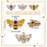 30Pcs 3 Colors Alloy Enamel Pendants, Bee Charm, Golden, 15x22.5x2mm, Hole: 2mm, 10pcs/color