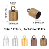 150Pcs 5 Colors Brass Cord Ends, Mixed Color, 10x6mm, Hole: 1.2mm, Inner Diameter: 5.5mm, 30pcs/color