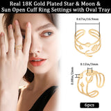 6Pcs Star & Moon & Sun 304 Stainless Steel Open Cuff Ring Findings, Bezel Cup Ring Settings with Round Tray, Real 18K Gold Plated, US Size 6 1/2(16.9mm), Tray: 2mm and 3mm