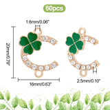60Pcs Alloy Enamel Connector Charms, with Crystal Rhinestone, Light Gold, C Shape with Clover, Dark Green, 20x16x2.5mm, Hole: 1.6mm