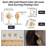 12Pcs Brass Micro Clear Cubic Zirconia Sun Stud Earring Findings, with Horizontal Loops & 12Pcs Ear Nuts & 50Pcs Jump Rings, Real 18K Gold Plated, 14.5x12.5mm, Hole: 1mm, Pin: 0.7mm