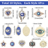 40Pcs 10 Styles Alloy Crystal Rhinestone Pendants, with Enamel Evil Eye, Heart & Flat Round & Flower & Oval Charms, Light Gold, 14~29x13~25x2~2.5mm, Hole: 1.5~2mm, 4Pcs/style