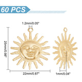 Brass Pendants, Sun with Human Face, Golden, 25x22x1mm, Hole: 1.2mm, 60pcs/box