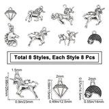 64Pcs 8 Styles Tibetan Style Alloy Pendants, Antique Silver, 8pcs/style