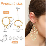 20Pcs Brass Stud Earring Findings, Open Ring with Loop, with 40Pcs Plastic Ear Nuts, Real 18K Gold Plated, 12.5x10mm, Hole: 1.4mm, Pin: 0.7mm