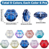 54Pcs 9 Colors Transparent Spray Painted Glass Beads, Bear Paw Print, Mixed Color, 13.5x15x8.5mm, Hole: 1mm, 6Pcs/color