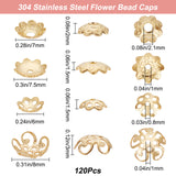 120Pcs 4 Styles 8-Petal & Multi-Petal & 5-Petal 304 Stainless Steel Flower Bead Caps, Golden, 6~8x1.5~3mm, Hole: 0.8~2.1mm, 30pcs/style