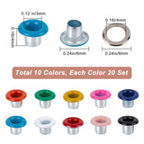 200 Sets 10 Colors Iron Grommet Eyelet Findings, with Washers, for Bag Repair Replacement Pack, Mixed Color, 0.6x0.4cm, Inner Diameter: 0.3cm, 20 sets/color