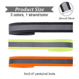 3 Strands 3 Colors Polyester Fluorescent Reflective Ribbon, Striped Ribbon, for Clothing Bags Safety Straps Making, Flart, Mixed Color, about 3/4 inch(20mm) wide, about 5.47 Yards(5m)/Strand, 1 strand/color