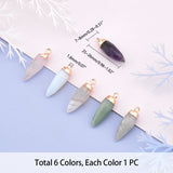 Top Golden Plated Natural & Synthetic Mixed Gemstone Pointed Pendants, with Iron Loops, Faceted, Bullet, 25~26x7~8mm, Hole: 1.8mm, 6materials, 1pc/material, 6pcs/box