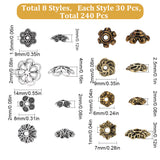 240Pcs 8 Styles Tibetan Style Bead Caps, Flower, Mixed Color, 6~14x2~4mm, Hole: 1~2mm, 30pcs/style