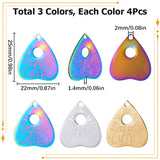 12Pcs 3 Colors 304 Stainless Steel Pendants, Heart with Cat Charms, Mixed Color, 25x22x1.4mm, Hole: 2mm, 4pcs/color