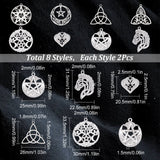 DIY 16Pcs 8 Style Rack Plating 304 Stainless Steel Pendants, Flat Round with Star & Horse & Trinity Knot, Stainless Steel Color, 19~33.5x20.5~31.5x1.5~2.5mm, Hole: 1.4~2mm, 2pcs/style