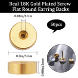 50Pcs 304 Stainless Steel Ear Nuts, Safety Screw Flat Round Earring Backs, Real 18K Gold Plated, 5x2mm, Hole: 1mm