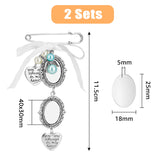2Pcs 2 Style Oval & Love Heart Blank Glass Dome Wedding Bouquet Photo Charms Safety Pin Brooches, Double Frame Alloy Photo Charm Lapel Pins with Bowknot for Party, Antique Silver, 115mm, 1Pc/style