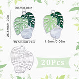 20Pcs Alloy Enamel Pendants, Platinum, Leaf Potted Charm, Light Green, 25.5x19.5x1.5mm, Hole: 2mm, 20pcs/box