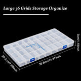Plastic Storage Case, 36 Grids, with Removable Dividers, for Small Parts, Hardware and Craft, Rectangle, Clear, 36.5x20.3x3cm