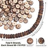 6 Strands CocoNut Beads Strands, Chocolate, Flat Round, Chocolate, 8x2~6mm, Hole: 1mm, about 88~110pcs/strand, 14.56 inch~16 inch(36.98~40.64cm)