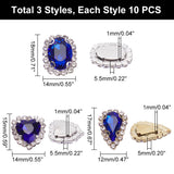30Pcs 3 Style Sew on Rhinestone, Glass Rhinestone, with Alloy Prong Settings, Oval & Heart & Teardrop, Blue, 15~18x12~14x5~5.5mm, Hole: 1mm, 10pcs/style
