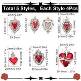 20Pcs 5 Styles Alloy Enamel Pendants, Antique Silver, Heart Charm, FireBrick, 29~42x20~29.5x3~5mm, Hole: 1.5~2mm, 4pcs/style