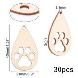 Laser Cut Hollow Cottonwood Pendants, Teardrop with Dog Paw Print, BurlyWood, 40x23x2mm, Hole: 1.8mm