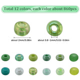 9600Pcs 12 Style Glass Seed Beads, Frosted Colors & Transparent & Solid Colour, Round, Green, 1.5~3mm, 800Pcs/style