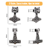 4Pcs 2 Styles 304 Stainless Steel Pendants, Thor's Hammer with Sheep, Antique Silver, 40~43x29~30x10~19.5mm, Hole: 6mm, 2pcs/style