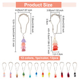 12Pcs 12 Color Iron Shower Bathroom Curtain Rings, with Polycotton Layered Tassel Pendant, Mixed Color, 128~135mm 1pc/color