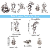 108Pcs 6 Style Tibetan Style Alloy Frog Charms, Antique Silver, 13~26x9~17x2~3mm, Hole: 1.5~2mm, 18pcs/style