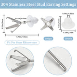 100Pcs 304 Stainless Steel Stud Earring Findings, Prong Earring Settings, with 100Pcs Plastic Ear Nuts, Stainless Steel Color, 18x9mm, Pin: 0.8mm, Fit for 8x8mm Rhinestone