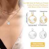 4Pcs 2 Colors Brass Micro Pave Clear Cubic Zirconia Pendants, with Shell & Jump Ring, Long-Lasting Plated, Flat Round with Moon & Sun, Real Gold Plated & Real Platinum Plated, 17.5x16x3.5mm, Hole: 3mm, 2pcs/color