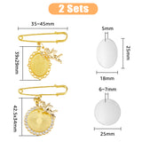 2Pcs 2 Style Oval & Flat Round Blank Glass Dome Wedding Bouquet Photo Charms Safety Pin Brooches with Crystal Rhinestone, Alloy Fairy Lapel Pins for Party Decoration, Golden, 35~45mm, 1Pc/style