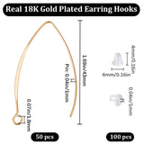 50Pcs Brass Earring Hooks, Marquise Ear Wire, Nickel Free, with 100Pcs Plastic Ear Nuts, Real 18K Gold Plated, 43mm, Hole: 1.8mm, Pin: 1mm