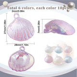 60Pcs 6 Colors UV Plating Opaque Acrylic Pendants, AB Color, Shell Charm, Mixed Color, 28x27x7mm, Hole: 2mm, 10pcs/color