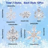 36Pcs 3 Style Alloy Pendants. Snowflake Charm, Platinum, 16~22x13~17x1.7~3mm, Hole: 1.6~2mm, 12pcs/style