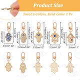 5Pcs 5 Colors Hamsa Hand/Hand of Miriam with Evil Eye Alloy Enamel Pendant Decoration, Swivel Clasps Charms, Clip-on Charms, for Keychain, Purse, Backpack Ornament, Mixed Color, 74.5mm, 1pc/color