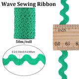 2 trands Polyester Wave Bending Fringe Trim, Sewing Ribbon, for Cloth Dress DIY Making Decorate, with Spool, Green, 3/16 inch~3/8 inch(5~8.5mm), about 22~25m/strand