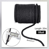 3-Ply Polyester Cords, Binding Rope with Decorative Rope, Plastic Clasp Hand Cord, Black, 8mm, 20m/roll
