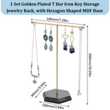 1 Set Golden Plated T Bar Iron Key Storage Jewelry Rack, Jewelry Display Holder with Hexagon Shaped MDF Base, for Earrings, Necklaces, Black, 18.5x9x26cm