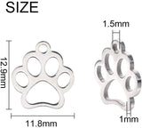 304 Stainless Steel Charms, Dog Paw Prints, Stainless Steel Color, 12.9x11.8x1mm, Hole: 1.5mm, 20pcs/box